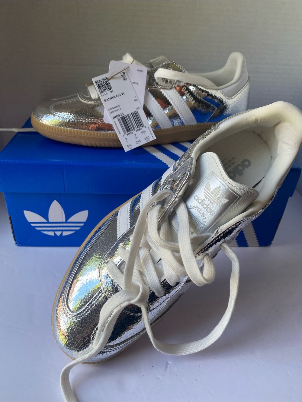 adidas ladies  Samba Metallic Silver Lace-Up Sneakers
